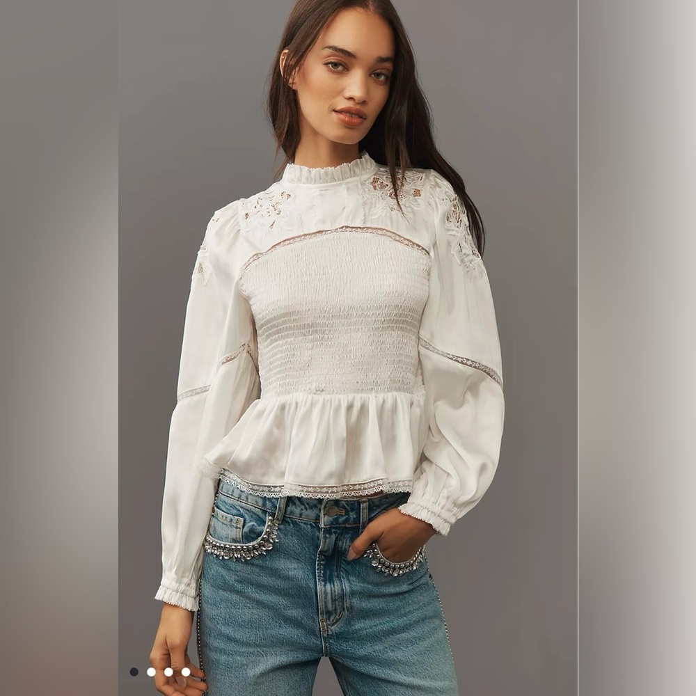 By Anthropologie Long-Sleeve Smocked Blouse